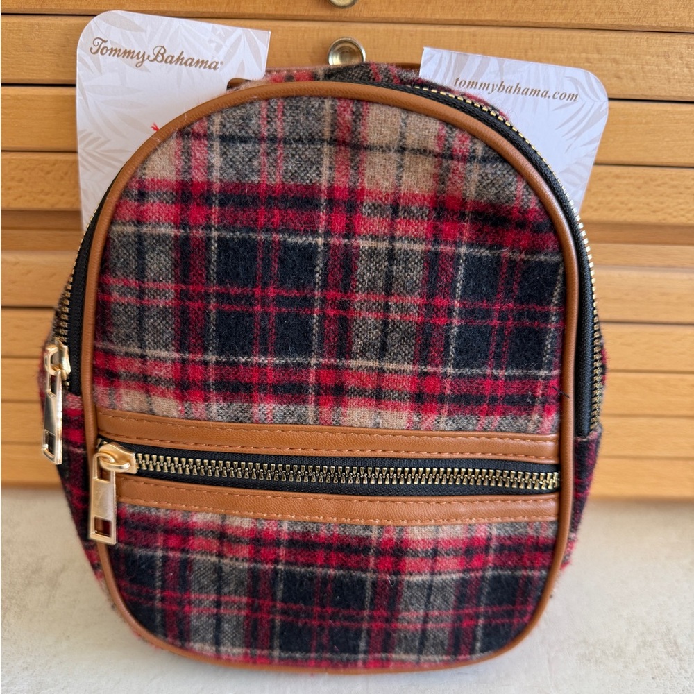 Tommy Bahama Plaid Mini Backpack Brown Leather Trim New With Tags
